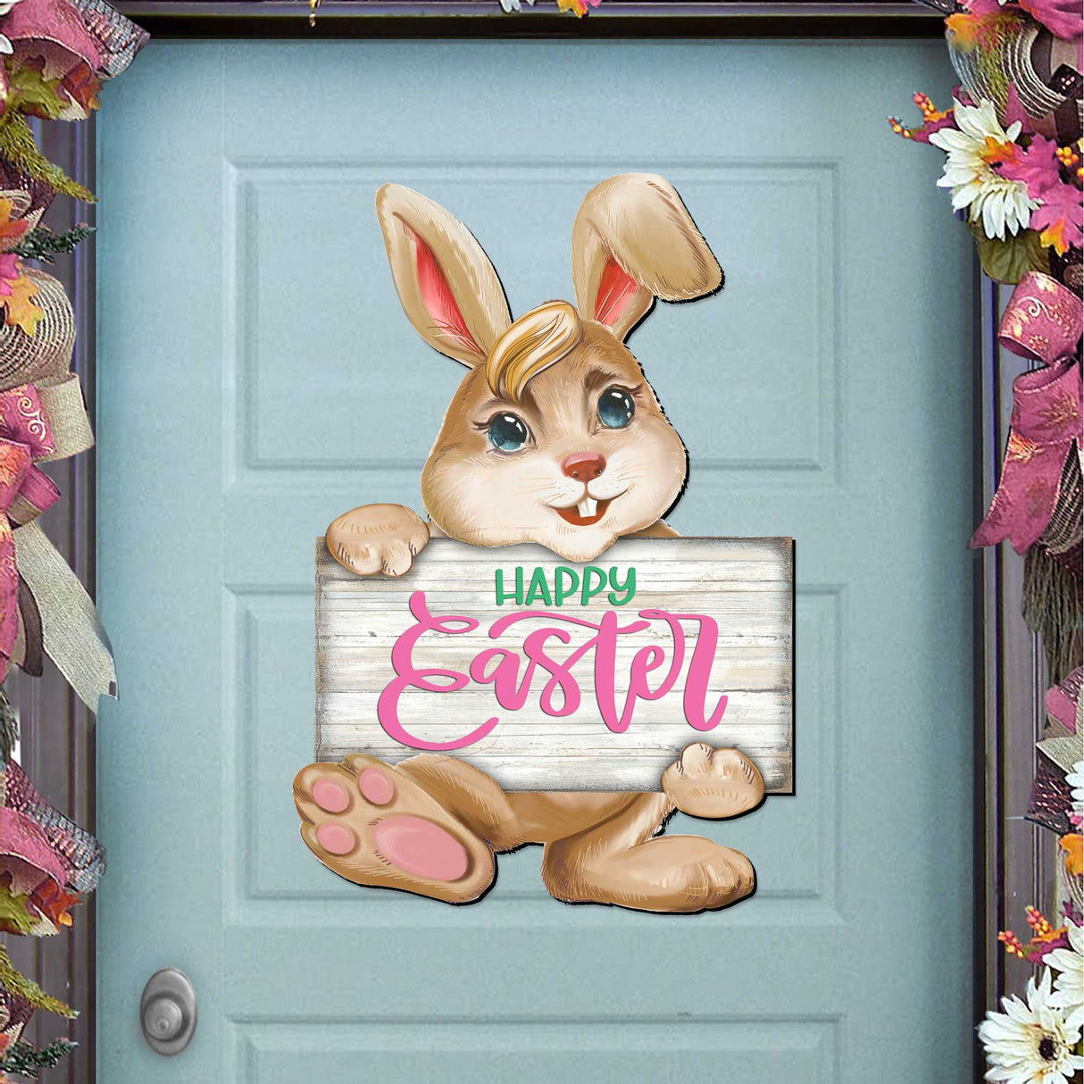 Happy Easter Bunny Wooden Door Hanger by G. DeBrekht - Easter Spring Decor - 815433-1H