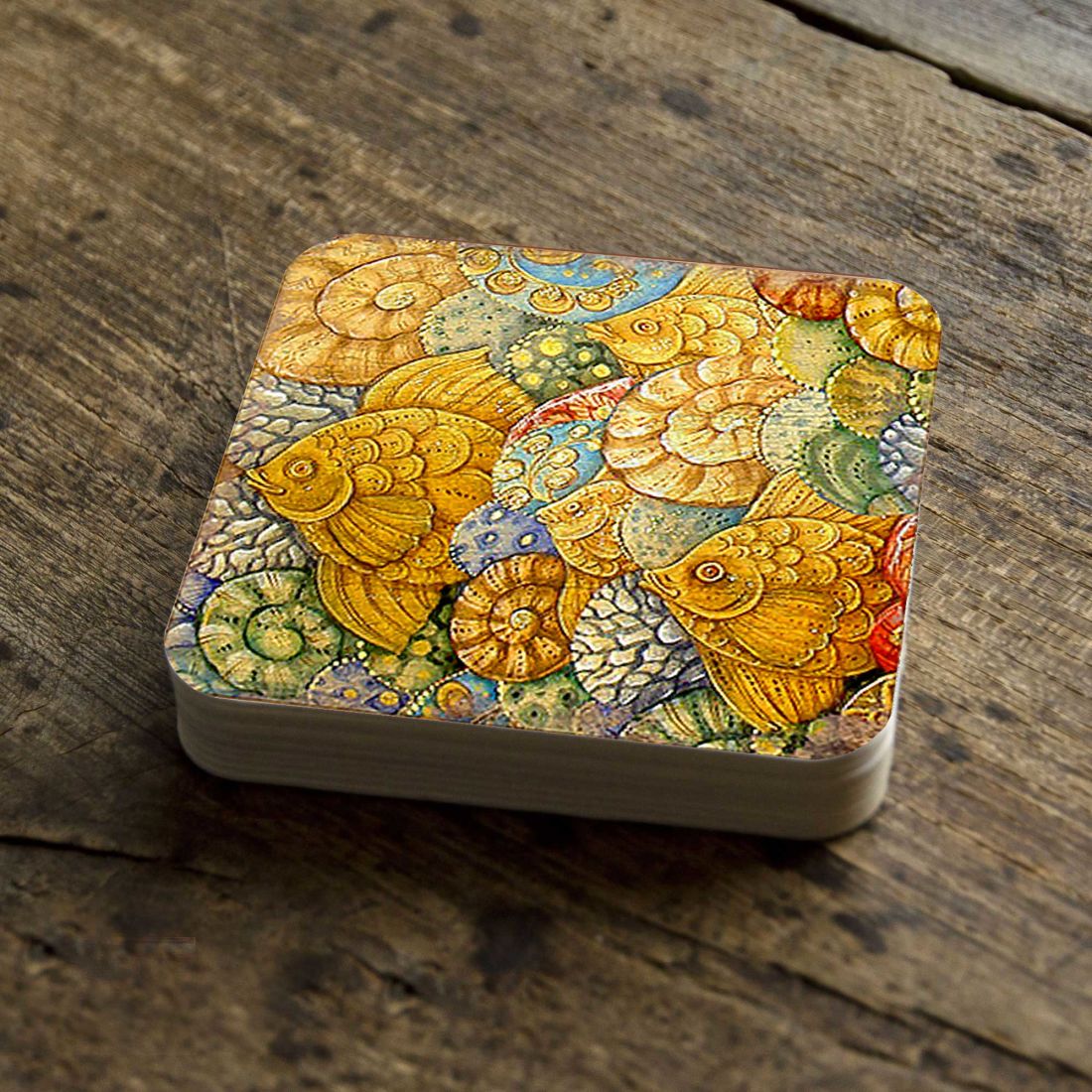 Fish Coastal Art Wooden Cork Coasters Gift Set of 4 by Nature Wonders - Nature Wildlife Decor - 95018C-S4