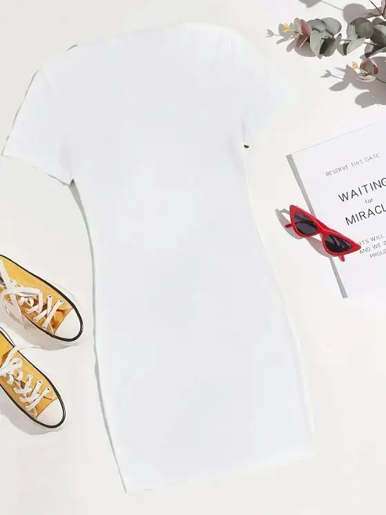 Ladies' Round Neck Solid Color Letter Printed Fashionable Dress - Lootquake