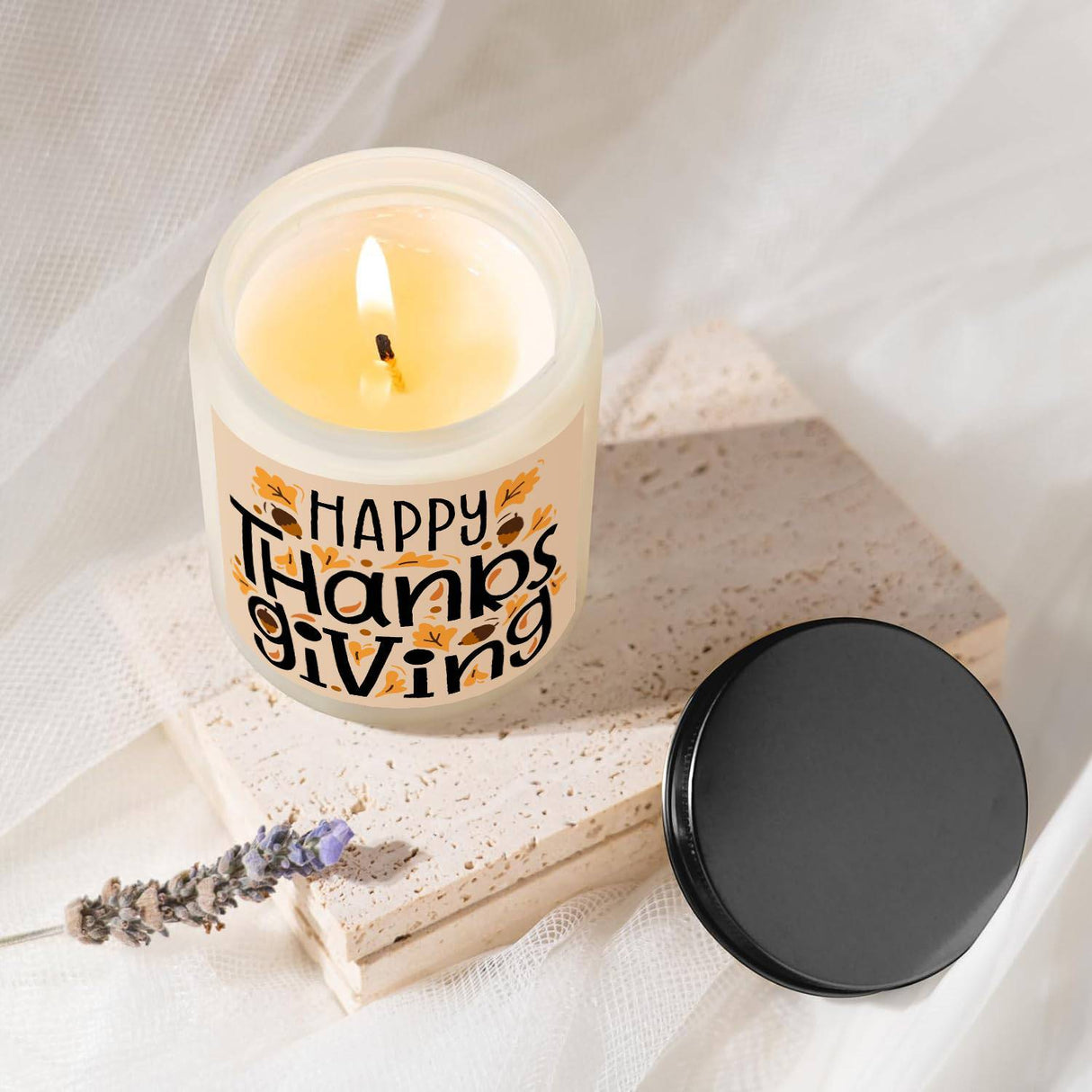 Happy Thanksgiving Day Scented Candle Fall Themed Autumn Orange Pumpkin Terracotta Burnt Rustic Farmhouse November Give Thanks Decoration Gift Idea for Home Women Woman Hostess Men Friends Her Mom Wife Grandma Cute Item