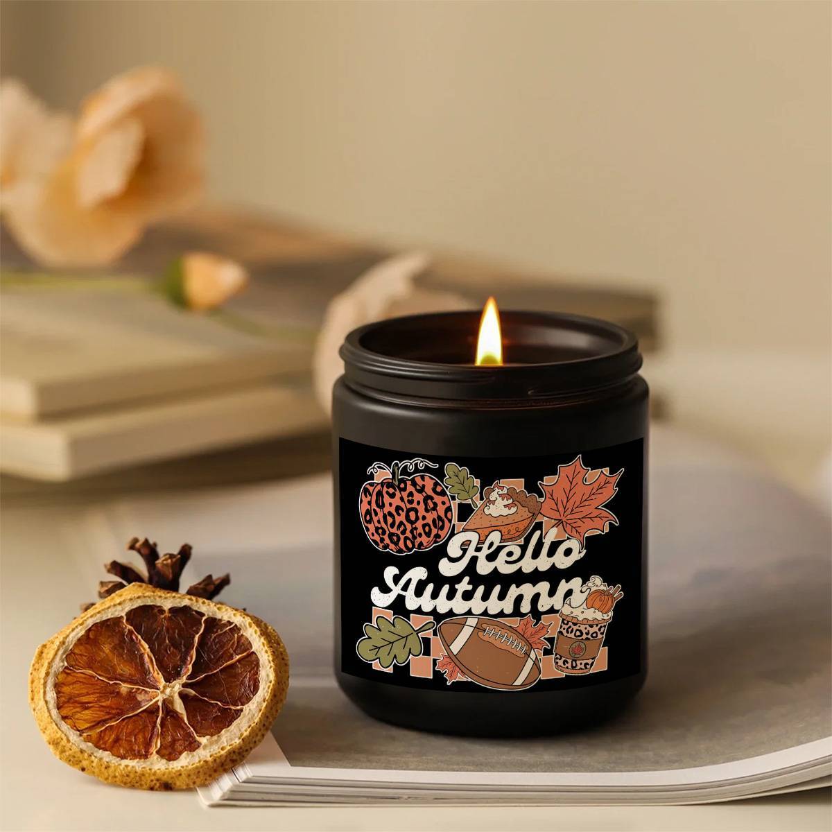 Hello Fall Scented Candle Autumn Themed Pumpkin Orange Terracotta Burnt Rustic Farmhouse September October Harvest Thanksgiving Day Decoration Gift for Home Women Hostess Men Friends Her Mom Wife Grandma Cute Items Ess