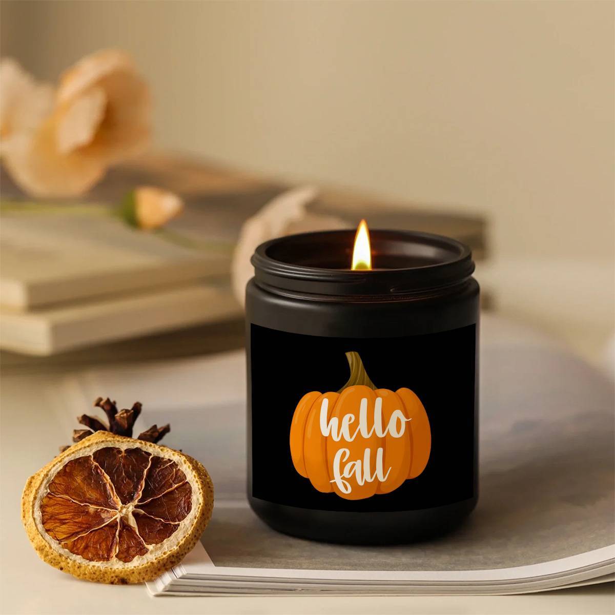 Hello Fall Scented Candle Autumn Themed Pumpkin Orange Terracotta Burnt Rustic Farmhouse September October Harvest Thanksgiving Day Decoration Gift for Home Women Hostess Men Friends Her Mom Wife Grandma Cute Items Ess