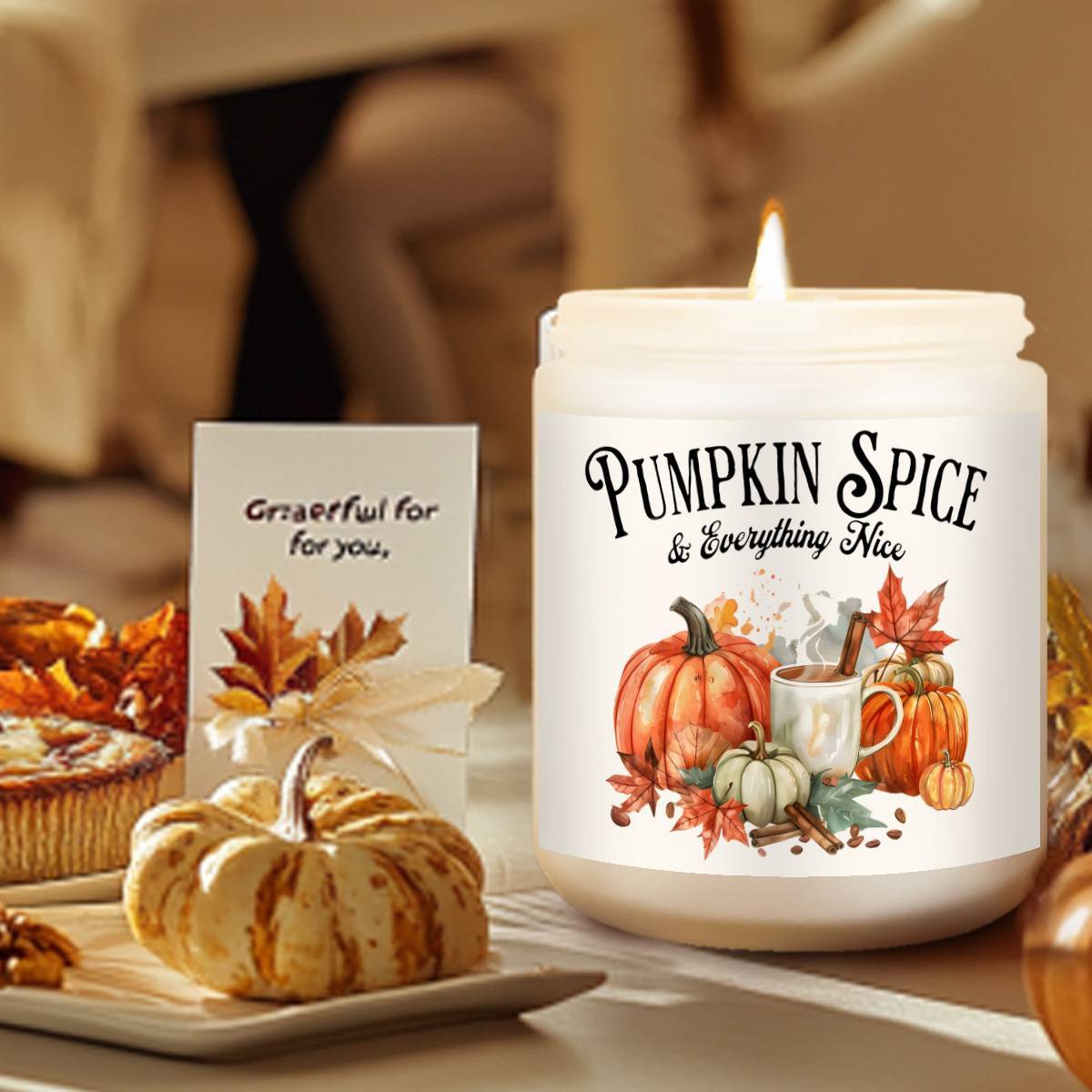 Hello Autumn Scented Candle Fall Themed Orange Terracotta Burnt Rustic Farmhouse September October Harvest Thanksgiving Day Decoration Gift Idea for Home Women Woman Hostess Men Friends Her Mom Wife Grandma Cute Item E