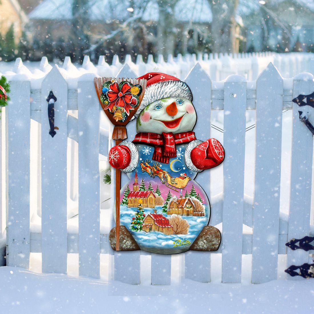 Decoración navideña de Papá Noel en el cielo nocturno con muñeco de nieve para puerta de G. DeBrekht - 818158H