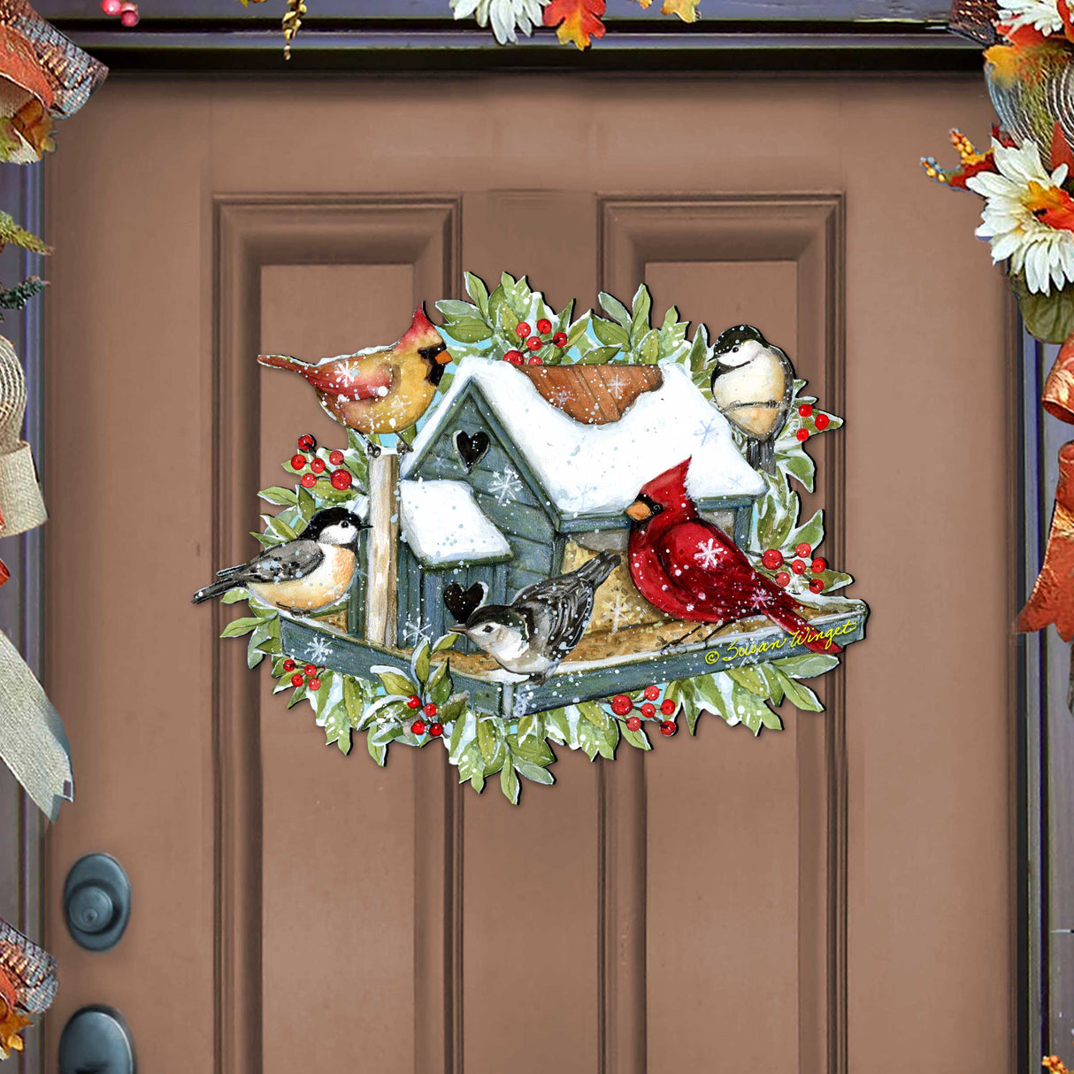 Front Door Winter Cardinals Birdhouse Decor - Christmas Welcome by Susan Winget - Handmade Gift Product Code 8471115-2H-SW