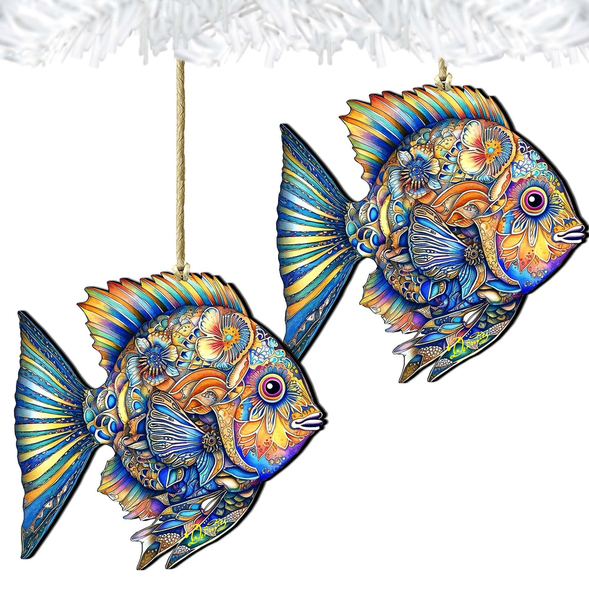 Beach Themed Ornaments - Cerulean Serenity Fish Wooden Ornaments by G.Debrekht Coastal Holiday Decor - 8688304
