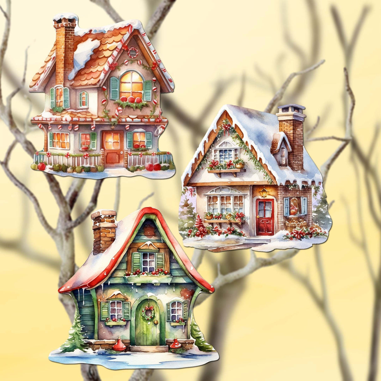 Dream Houses Decorative Wooden Clip-on Ornaments Set of 3 by G. Debrekht - Christmas Decor - 8091029C-S3