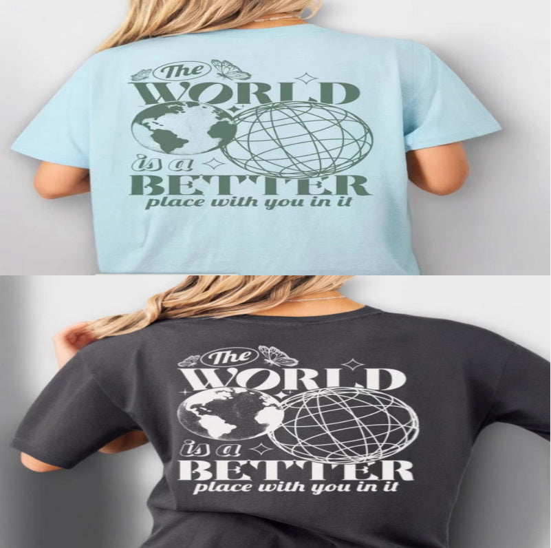 Camiseta de algodón con letras impresas en 2D, cielo estrellado y tierra