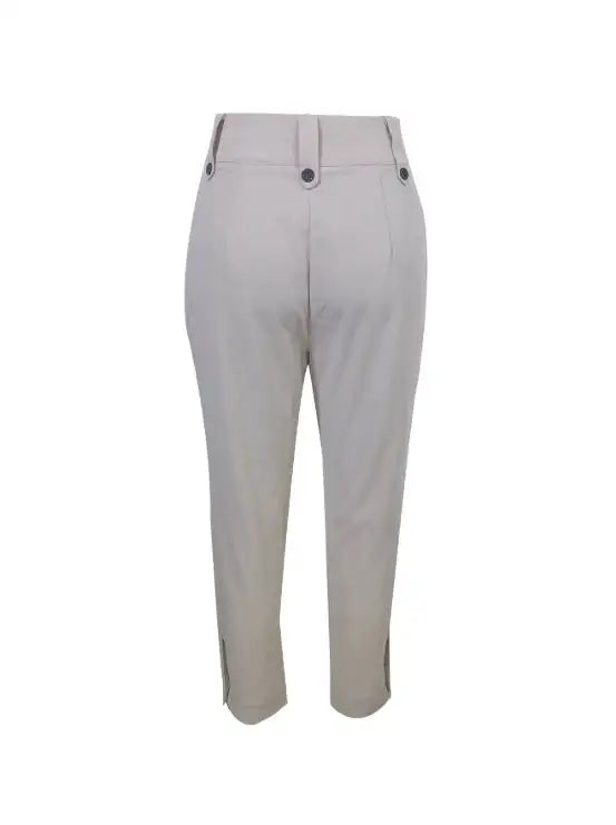 Women's Solid Color Non Elastic Belt Button Detail Four Season Fashion Pants - Lootquake