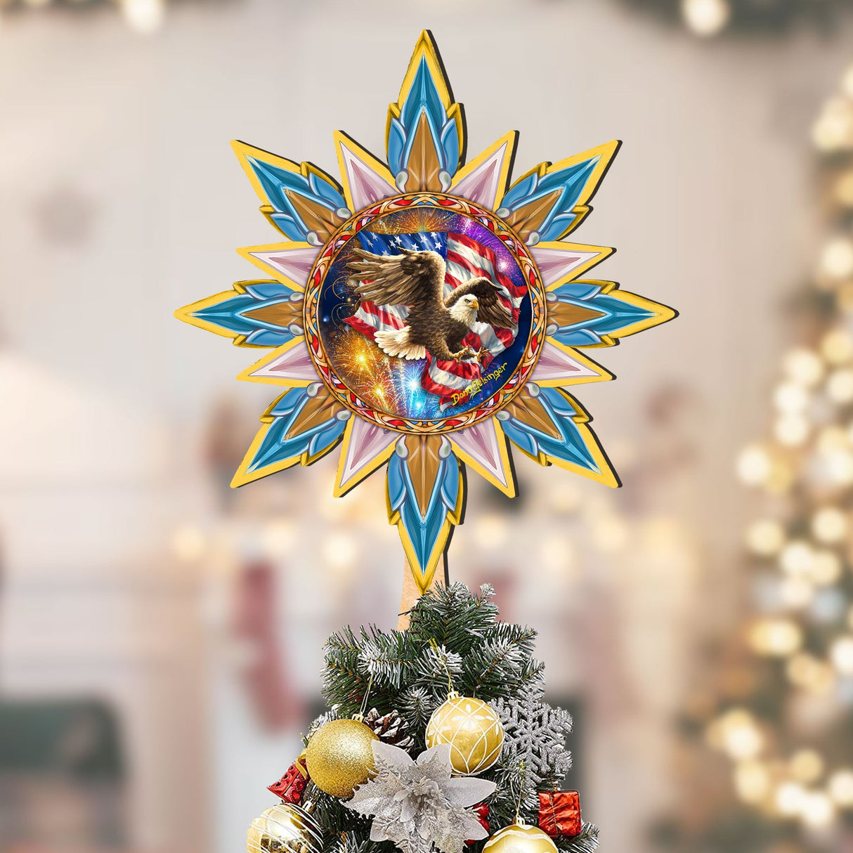 Adorno de madera para la punta del árbol de Navidad con águila patriótica estadounidense de D. Gelsinger - Decoración navideña patriótica - 89515-DG