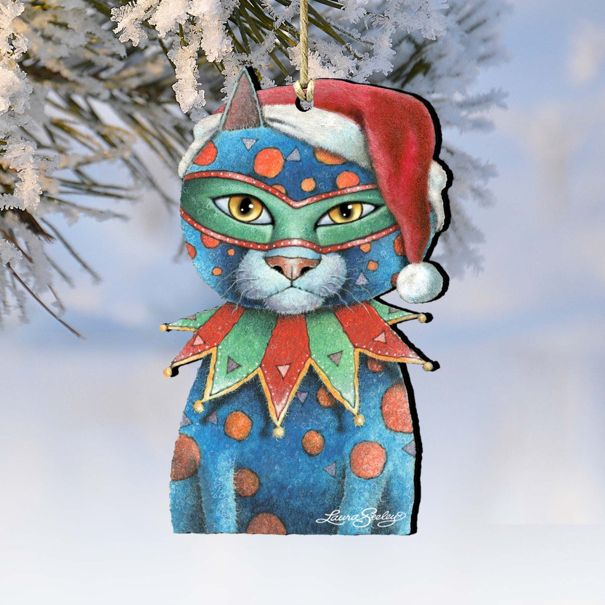Mardi Gras Santa Cat Wooden Ornaments by Laura Seeley - Pets Dog and Cats Decor - 8512057-LS