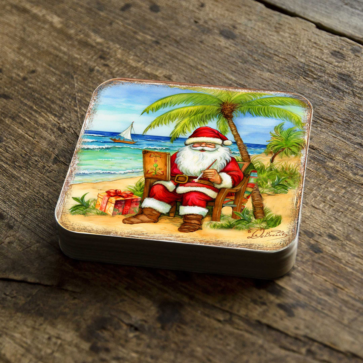 Juego de 4 posavasos de corcho de madera "Santa en la playa" de G. Debrekht - Decoración navideña de Santa - 8199441C-S4
