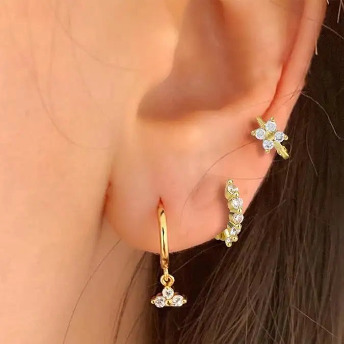 Brass Real Gold Plating Inlaid Zircon Geometric Flower Three-piece Set - Lootquake