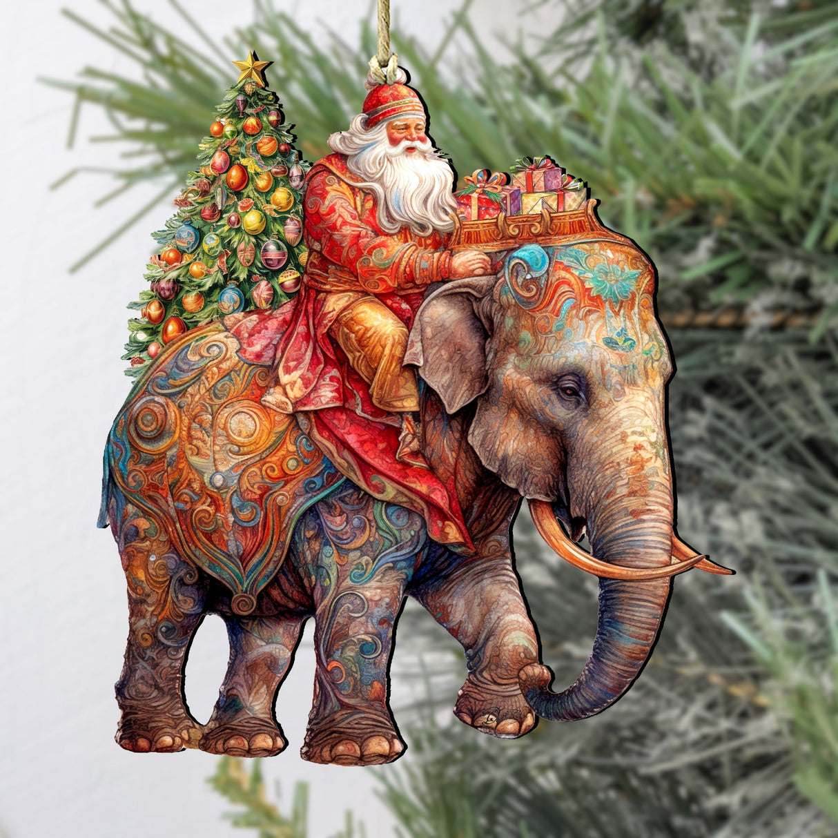 Adornos de madera de Papá Noel sobre un elefante de G. Debrekht. Decoración navideña de Papá Noel y muñeco de nieve - 8611043-2