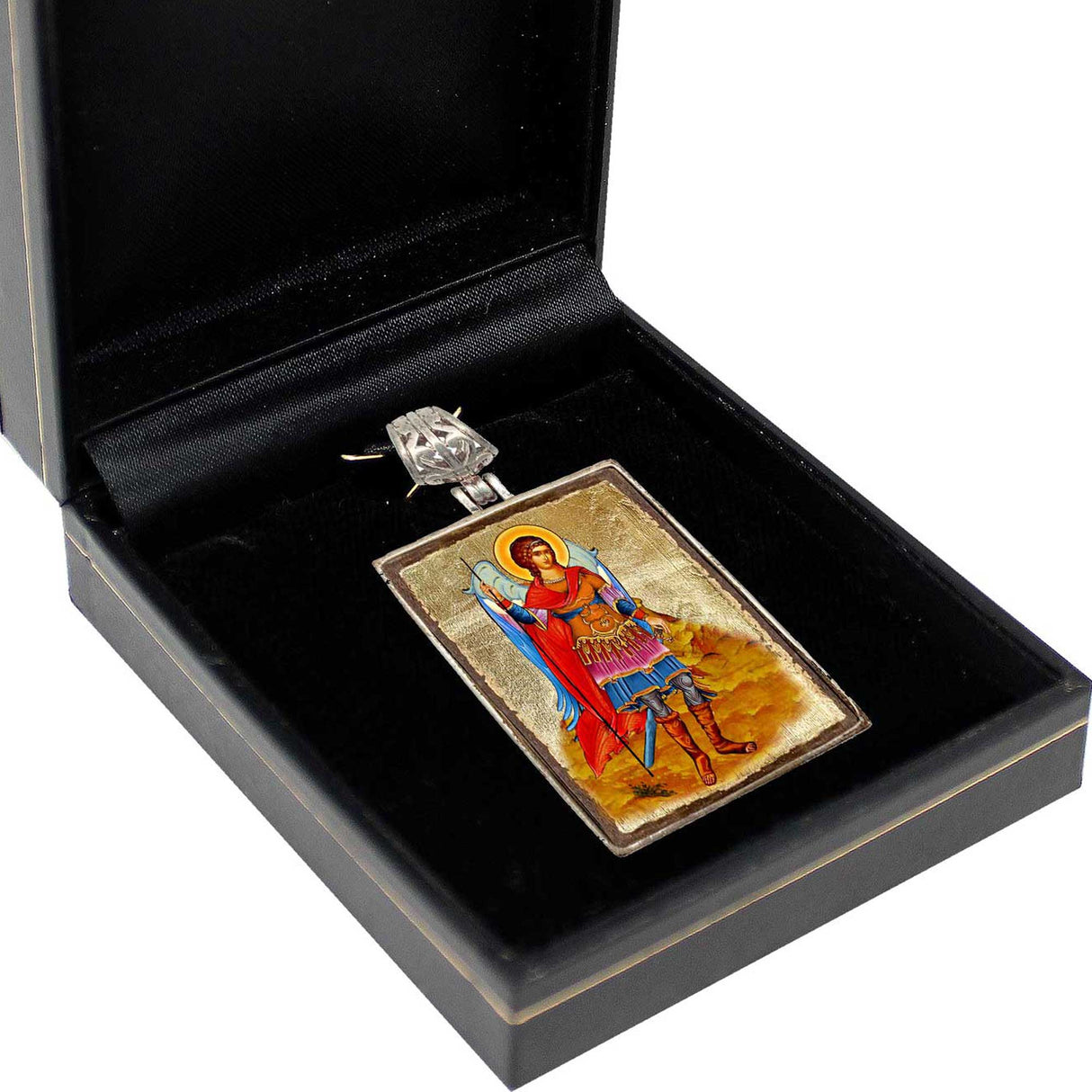 Saint Michael Religious Jewelry Silver Plated Necklace, Gold-Plated Wooden Cabochon - Orthodox Sacred Icon - Inspirational Icon Decor - 43022R