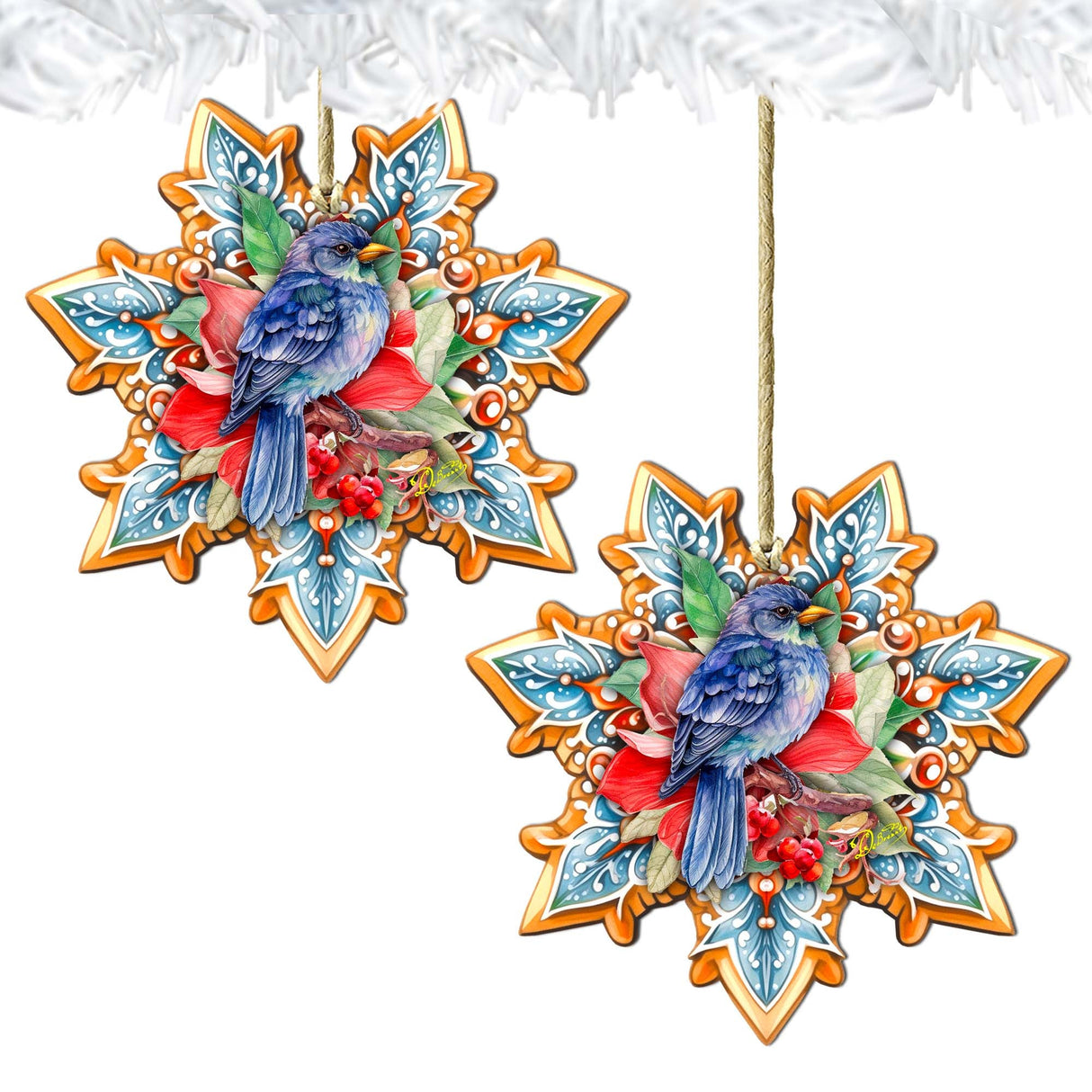 Blue Bird Snowflake Wooden Ornaments by G. Debrekht - Nature Wildlife Decor - 8688410