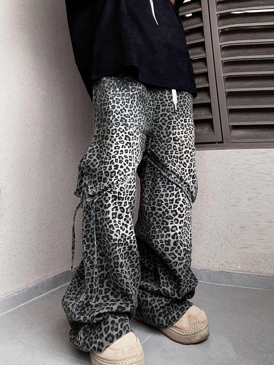 Loose Straight Slightly Flared Workwear Casual Wide-leg Mopping Leopard Jeans - Lootquake
