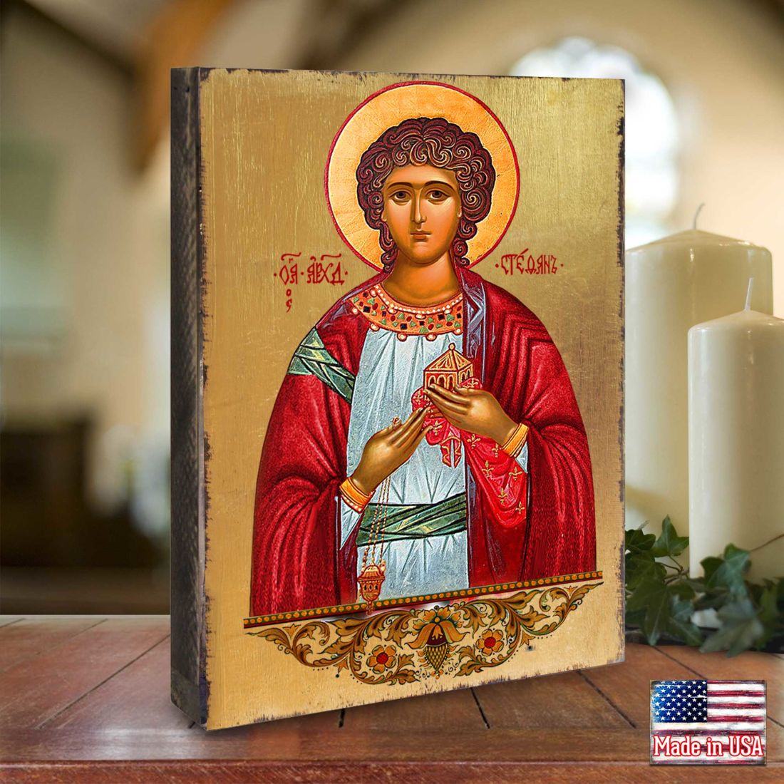 Icono religioso cristiano sagrado de San Esteban de madera bañado en oro - Decoración inspiradora - 85056