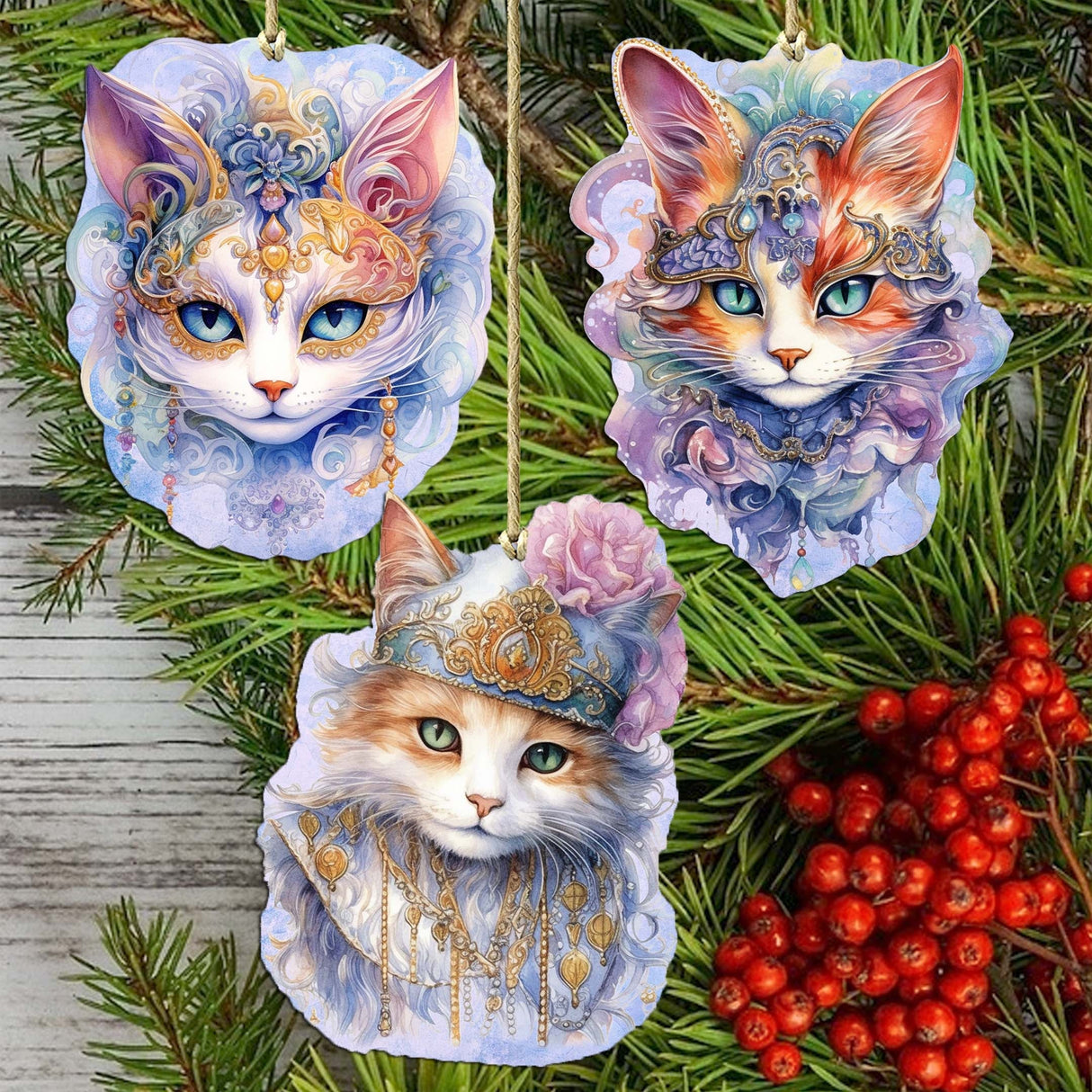 Beautiful Cats Decorative Wooden Ornaments Set of 3 by G. Debrekht - Christmas Decor - 8091033-S3