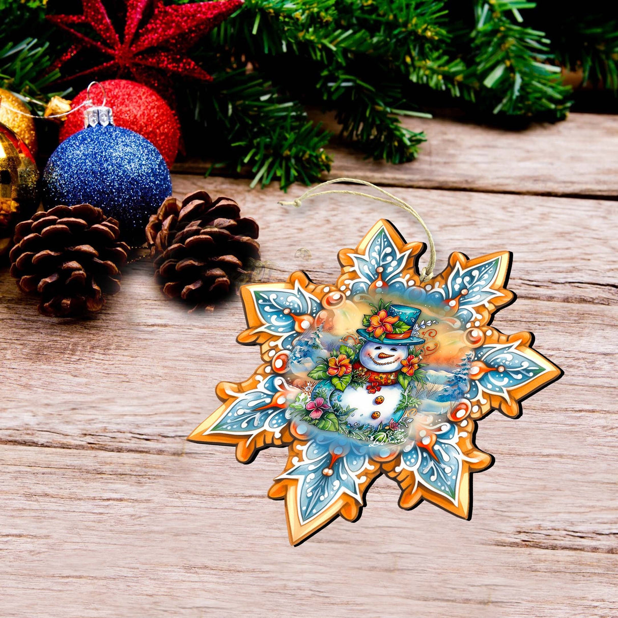 Juego de 3 adornos de madera con forma de muñeco de nieve y copos de nieve de G. Debrekht - Decoración navideña - 8090149-S3