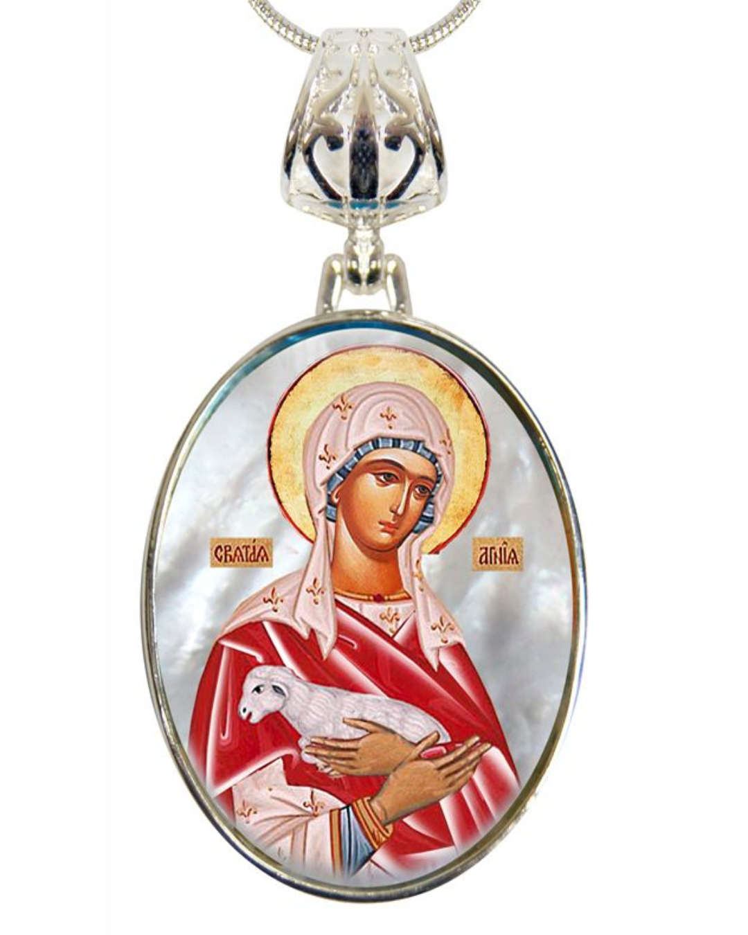 Collar de nácar bañado en plata con icono de la Virgen María - 43025