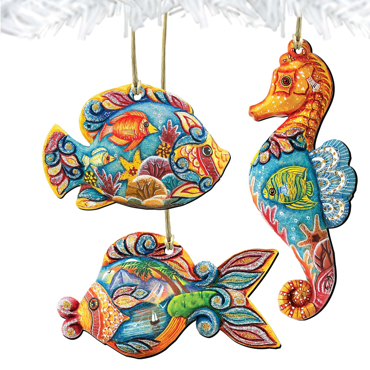 Coastal Wooden Ornaments Set of 3 by G. DeBrekht - Coastal Holiday Decor - 8100035S3