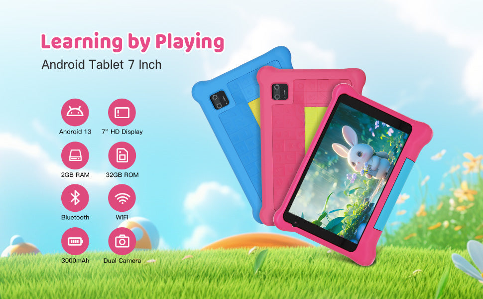 Tablette enfant TK707 7 pouces Android 13 Quad Core 5 Go RAM 32 Go ROM 128 Go extensible WiFi Bluetooth Cadeau enfant Logiciel pour enfants Manette de jeu