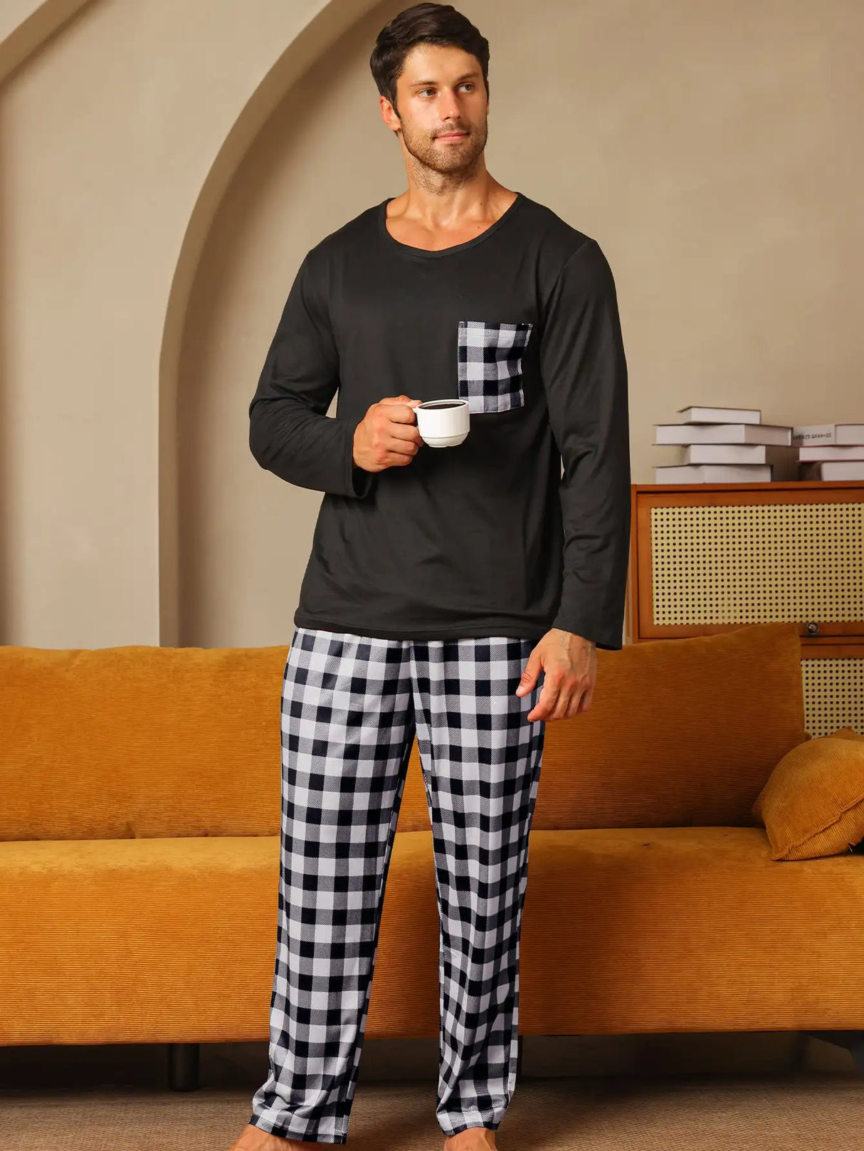 Polyester Long Sleeve Trousers Men's Pajama Set - Lootquake