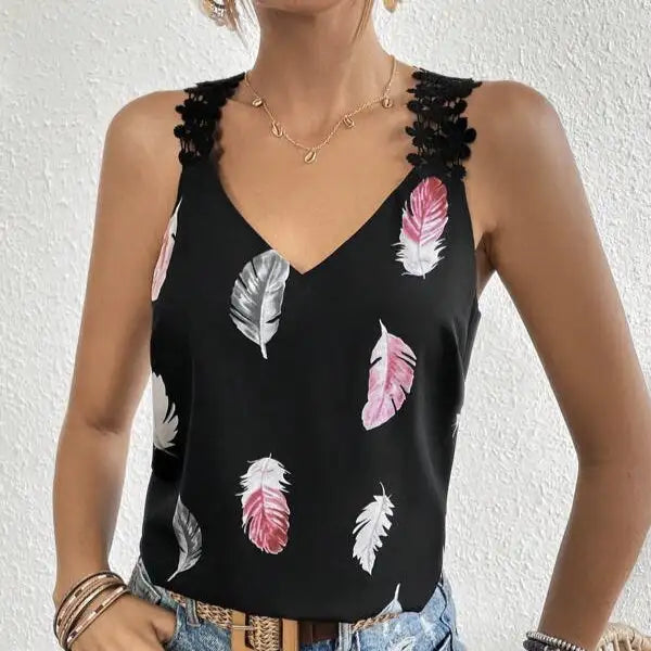 Women's Printed Feather Pattern Design V-neck Fashionable Slimming Camisole Vest - Lootquake
