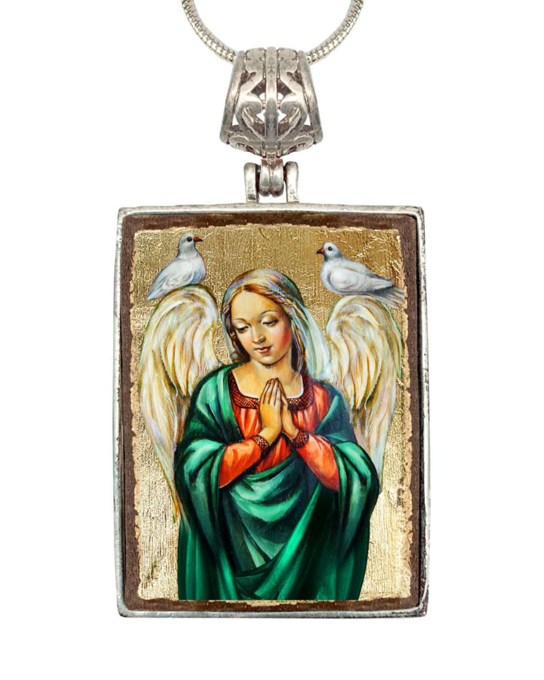 Collar religioso de ángel con paloma bañado en plata, cabujón de madera bañado en oro - Icono sagrado cristiano - Decoración inspiradora - 43026R