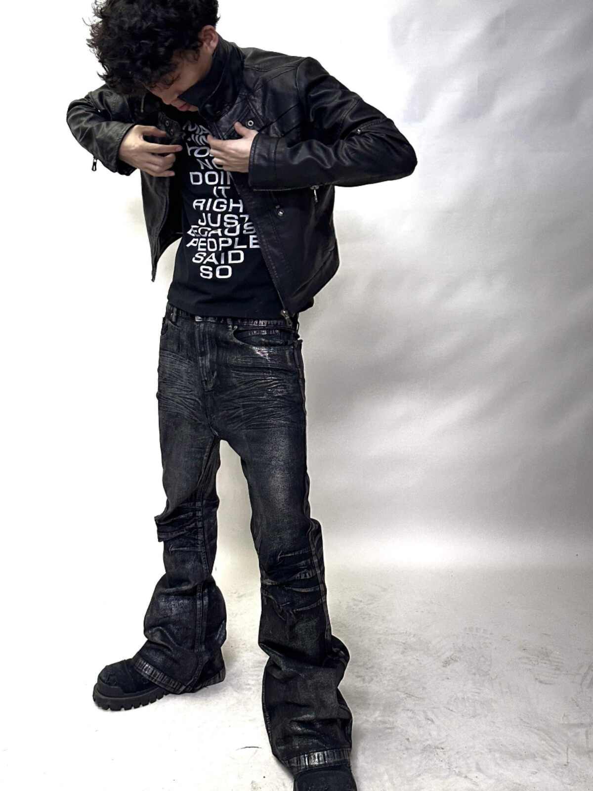 Two-color Bronzing Brush Wax Wash Distressed Micro-elastic Horn Jeans For Men - Lootquake