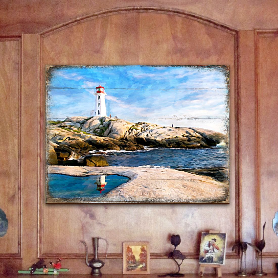 Arte de pared costero de madera de la bahía del faro de Aditya de Nature Wonders - Decoración costera de vida marina - 95268B