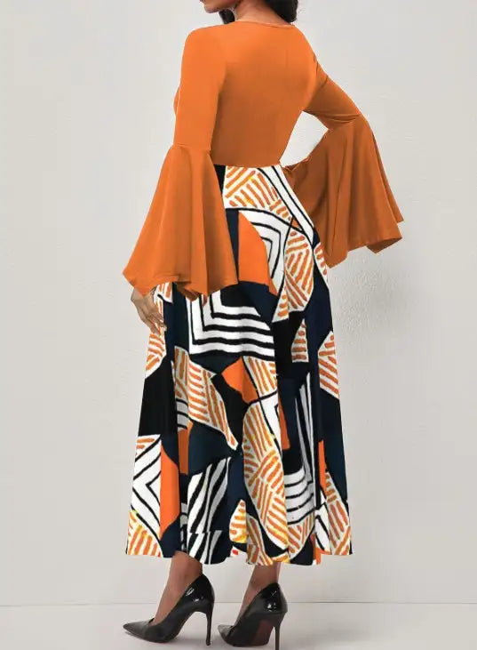 Ladies' Round Neck Printed Irregular Cuff Design Fashionable Dress - Lootquake