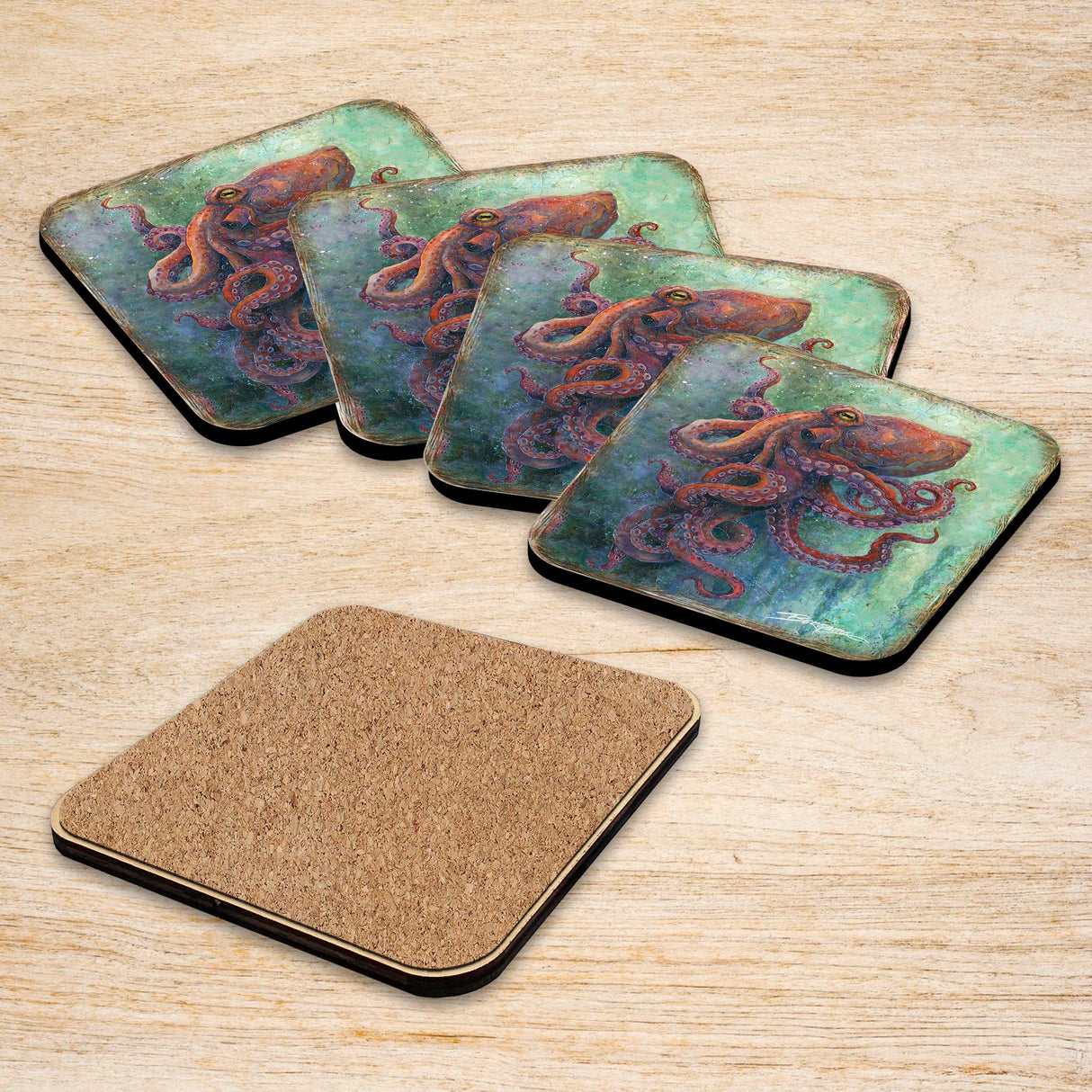 Octopus Wooden Cork Coasters Gift Set of 4 by J. Bergsma - Coastal Decor - 8199459C-S4