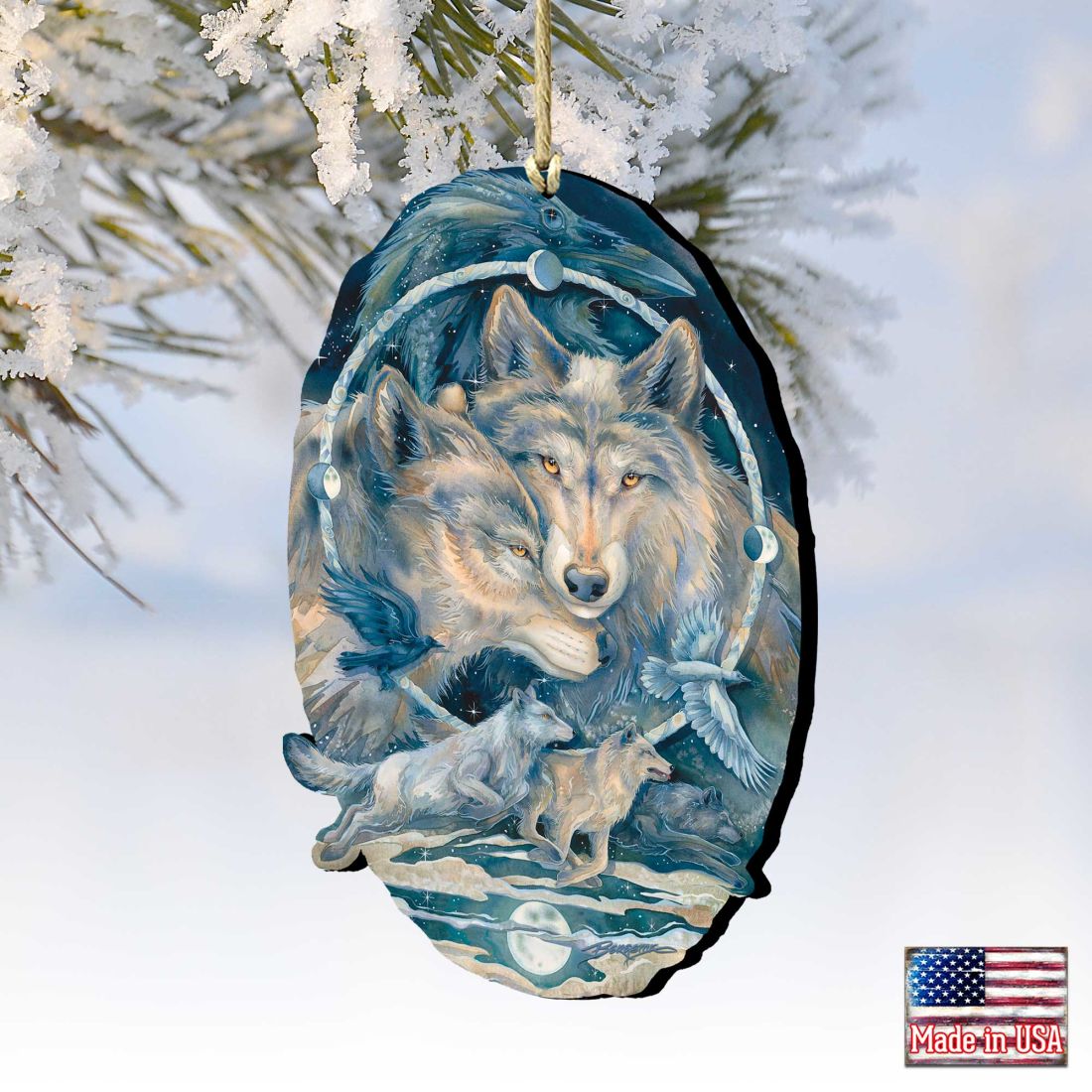In Spirit I Am Free Wolves Ravens Wooden Ornaments by J. Bergsma - Wildlife Holiday Decor - 8591723-JB