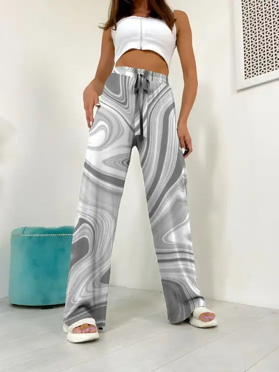 Ladies' Contrasting Printed Waist Strap Details, Loose Pleated Casual Style Wide Leg Pants - Lootquake