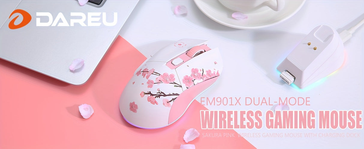 DAREU Sakura Pink Wireless Gaming Mouse - 12K DPI, RGB Rechargeable, 7 Programmable Buttons, Charging Dock Stand, Dual Mode for PC/Laptop/Mac - The Perfect Gift for Birthdays, Valentines, Halloween, Easter, and Girlfriends