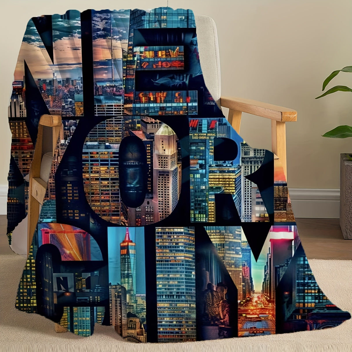 New York City Skyline Reversible Chunky Knit Throw Blanket - Contemporary Polyester Fantasy Design with Soft Comfort for All Seasons