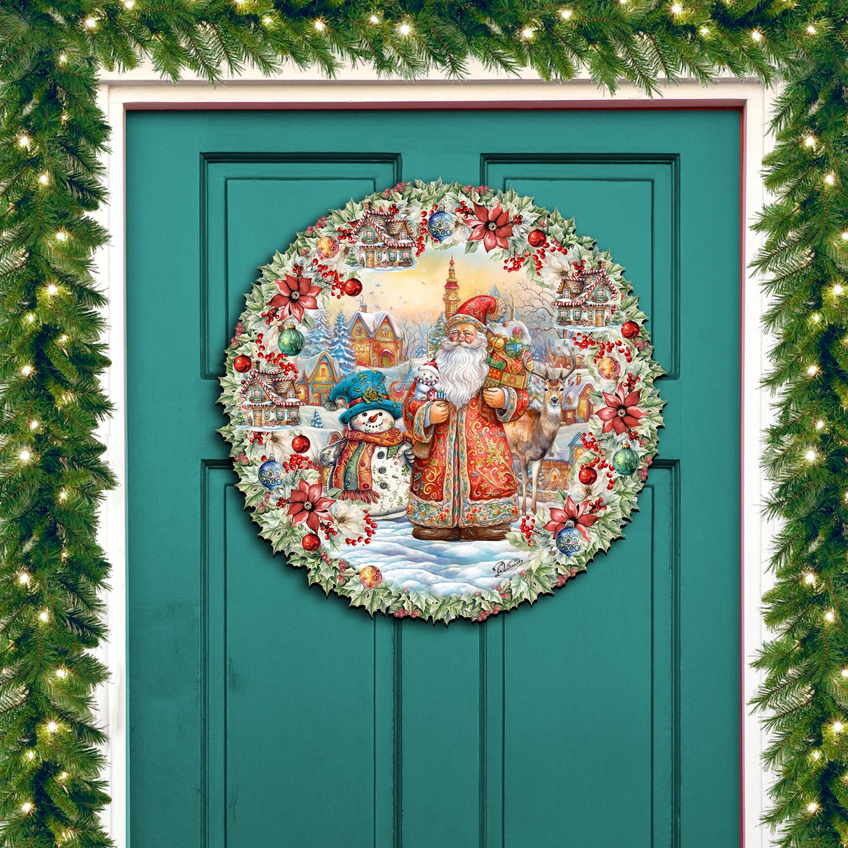 Merry Christmas Wreath Holiday Door Decor by G. Debrekht - Christmas Santa Snowman Decor - 8611069H