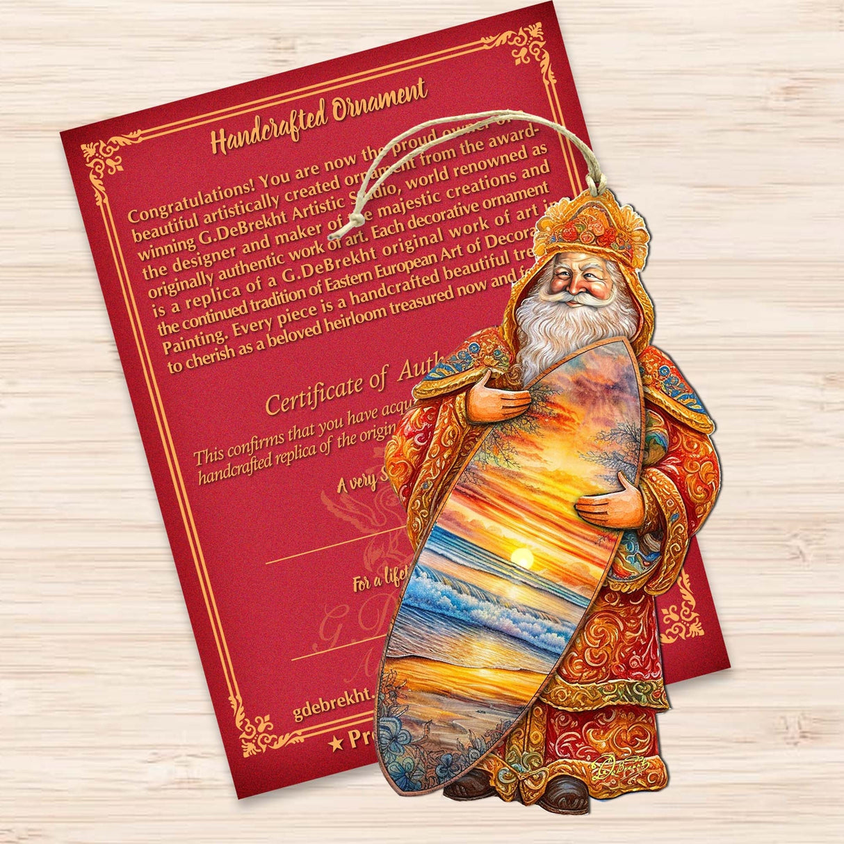 Adornos de madera de Santa Claus con paseo en surf tropical de G. Debrekht - Decoración navideña de muñeco de nieve de Santa Claus - 8691413