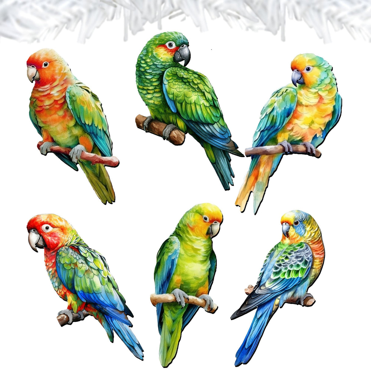 Parrots Decorative Wooden Clip-on Ornaments of 6 by G. Debrekht - Christmas Decor - 8090013C-S6