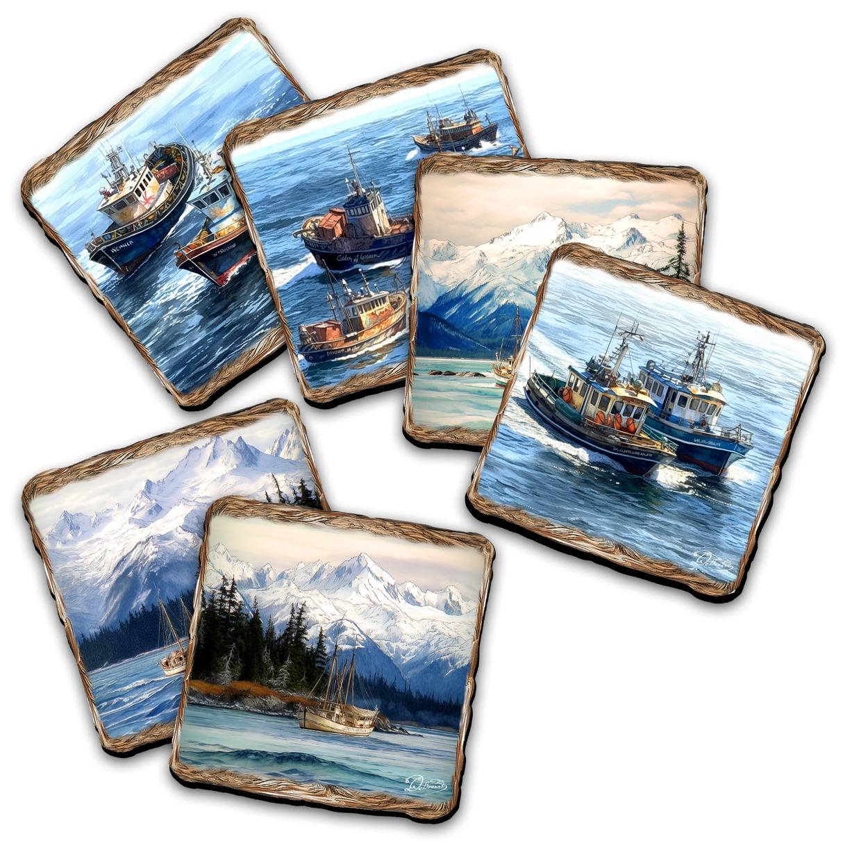 Fishing Boats Wooden Cork Placemat and Coasters Gift Set of 7 by Nature Wonders Coastal Wildlife Decor - 85405C-S7