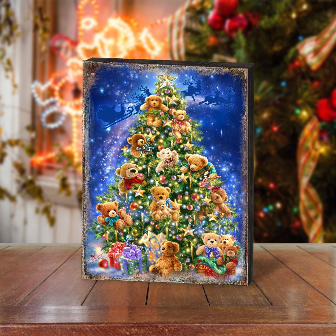 Árbol de ositos de peluche de madera, obra de D. Gelsinger - Decoración navideña de Papá Noel y muñeco de nieve - 95605B-1101