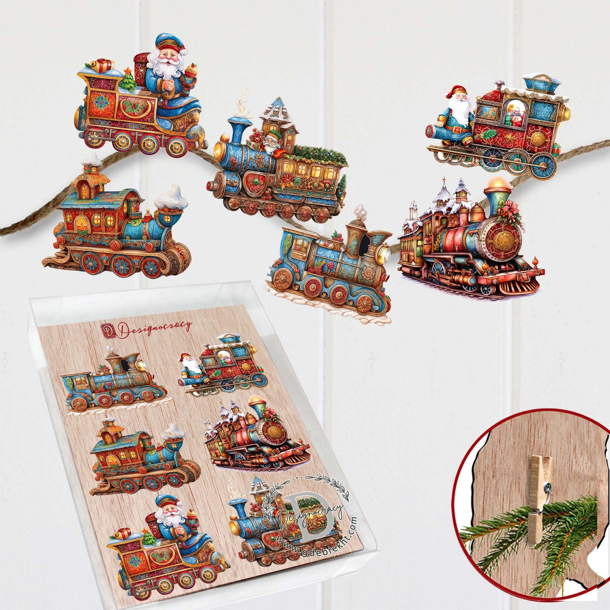 Tren navideño de Papá Noel: juego de 6 adornos decorativos de madera con clip, de G. Debrekht - Decoración navideña - 8090123C-S6