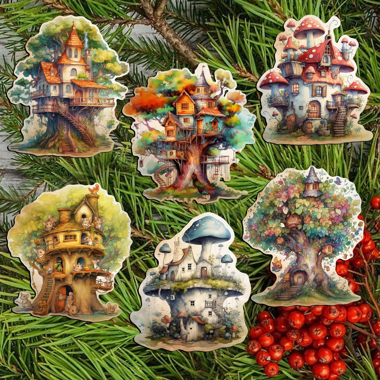 Tree House Decorative Wooden Clip-on Ornaments Set of 6 by G. Debrekht - Christmas Decor - 8090026C-S6