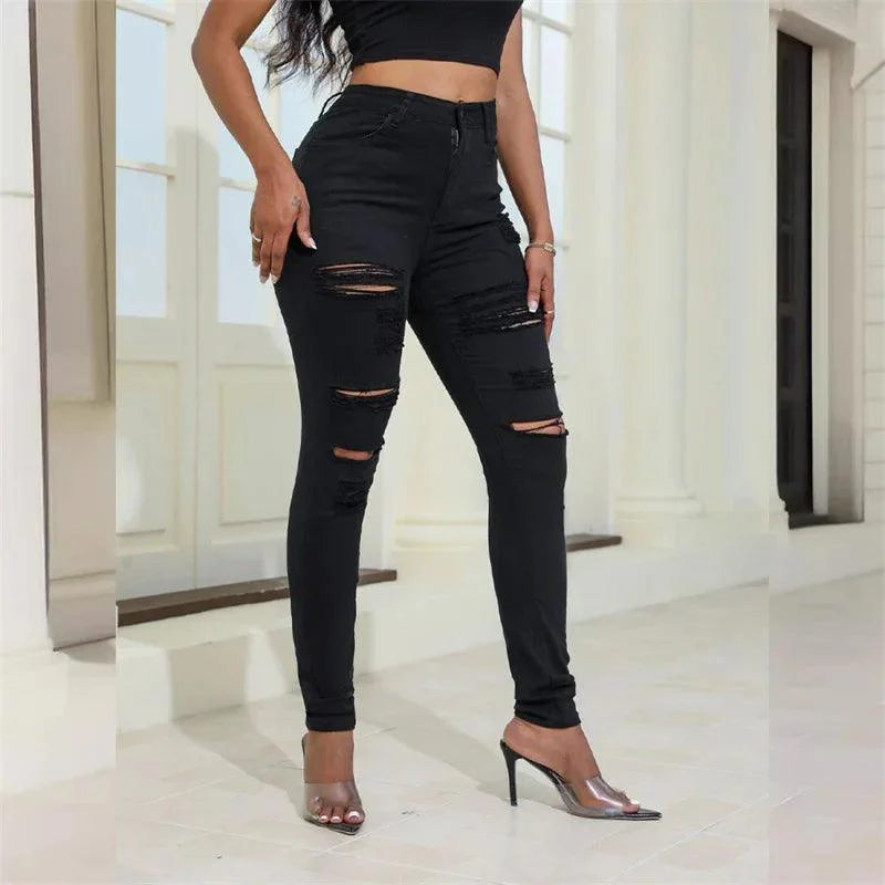 2024 Fashion Broken Holes Women Pencil Jeans Trend Streetwear Slim Fit Denim Pants Casual Solid Color High Waist Female Trousers