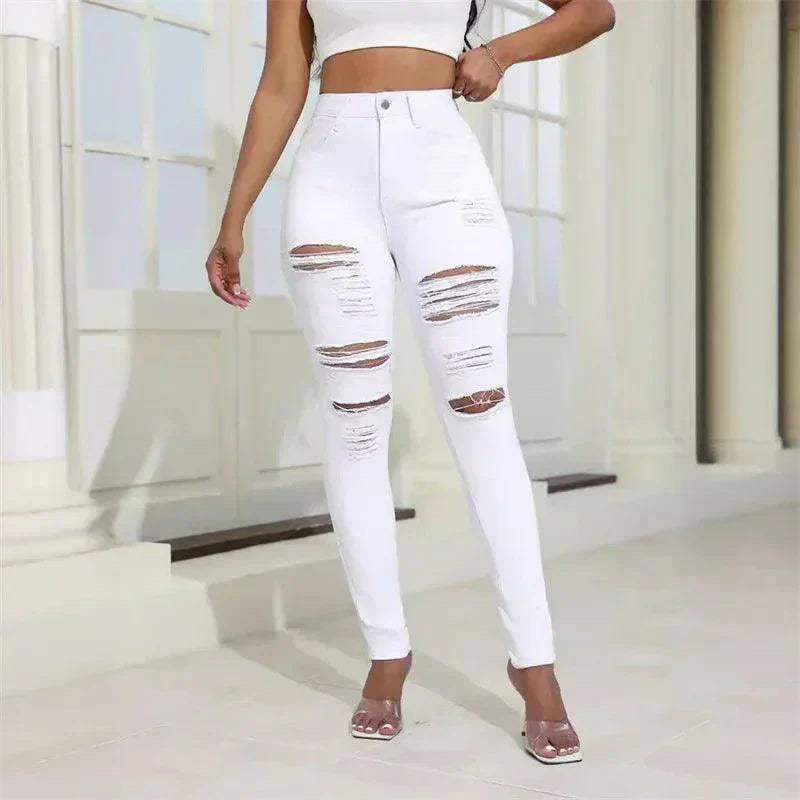 2024 Fashion Broken Holes Women Pencil Jeans Trend Streetwear Slim Fit Denim Pants Casual Solid Color High Waist Female Trousers