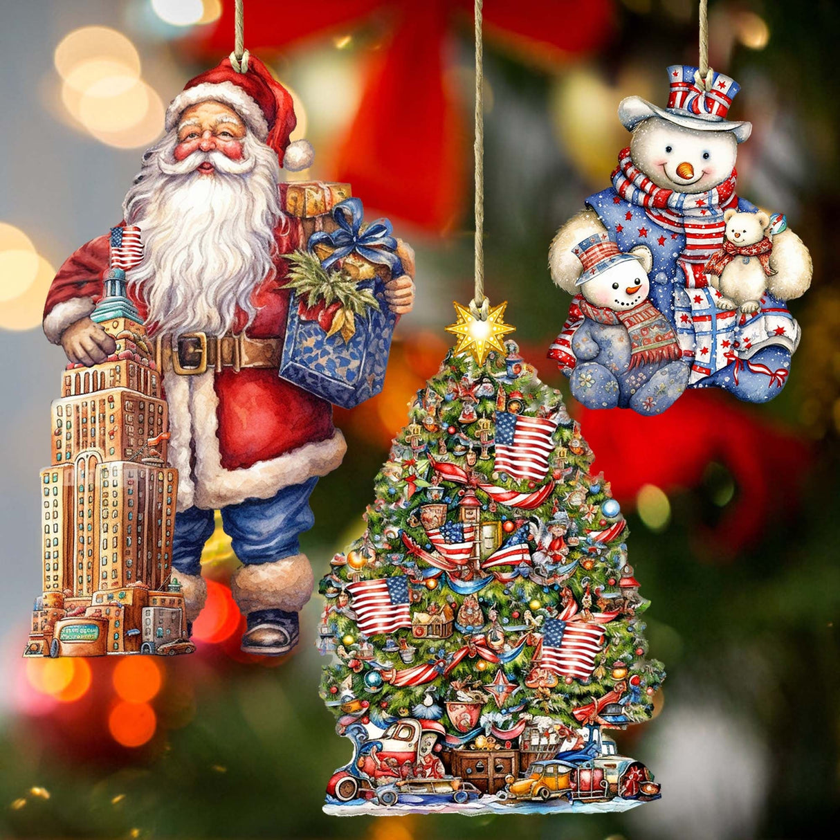 Santas Around the World - American Inspired Santa - Wooden Ornaments Set of 3 by G. DeBrekht Christmas Santa Snowman Decor - 8091301S3