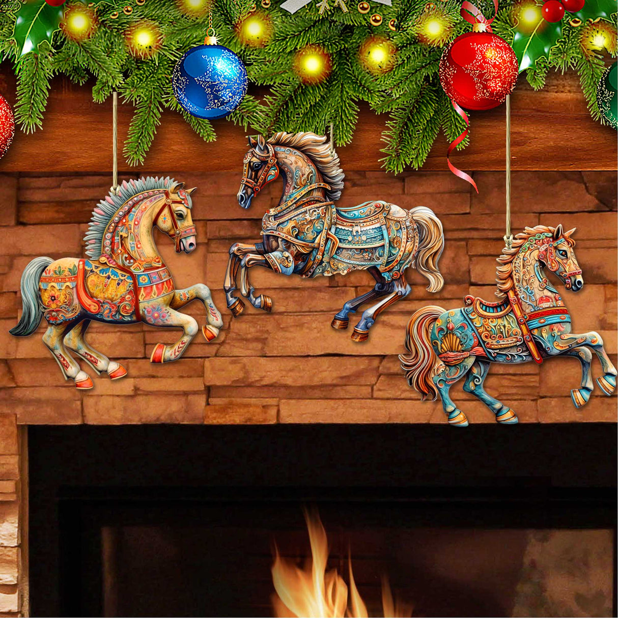 Ornamental Horses Wooden Ornaments Set of 3 by G. Debrekht - Christmas Decor - 8100193S3