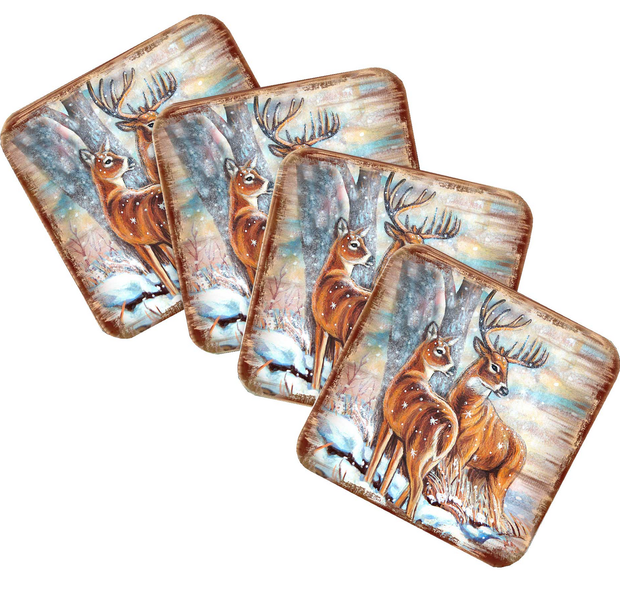Deer's Wooden Cork Coasters Gift Set of 4 by Nature Wonders - Nature Wildlife Decor - 95212C-S4